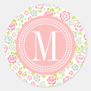 Adesivo Redondo Floral feminino cor-de-rosa & azul bonito