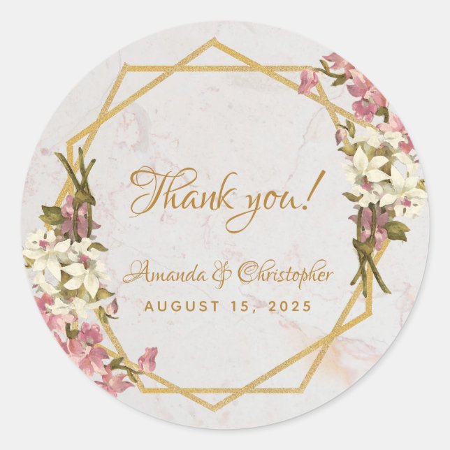 Adesivo Redondo Floral Geométrico Orquídeas Douradas De Mármore Fl (Frente)