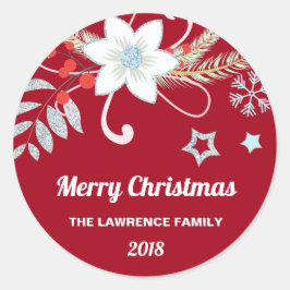 Adesivo Redondo Floral Glitter Flocos de Neve Natal Vermelho Natal