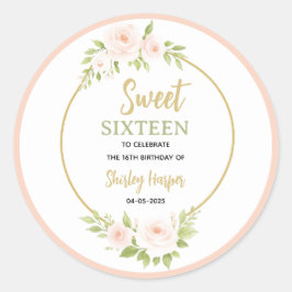 Adesivo Redondo Floral Gold Script Sweet Sixteen Birthday 