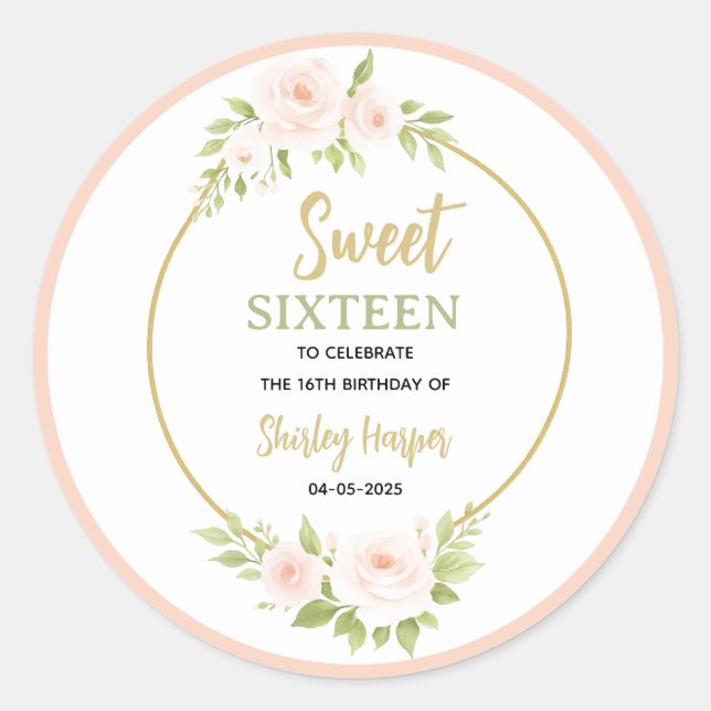 Adesivo Redondo Floral Gold Script Sweet Sixteen Birthday  (Frente)