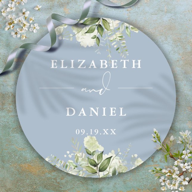 Adesivo Redondo Floral Greenery Dusty Blue Weding Favor (Floral Greenery Dusty Blue Wedding Favor Classic Round Sticker)