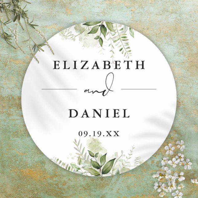 Adesivo Redondo Floral Greenery Elegant Modern Wedding Favor (Floral Greenery Elegant Modern Wedding Favor Classic Round Sticker)