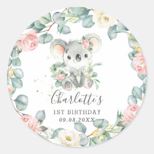 Adesivo Redondo Floral Greenery Koala Chá Aniversário Favor