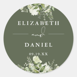 Adesivo Redondo Floral Greenery Olive Green Weding Favor