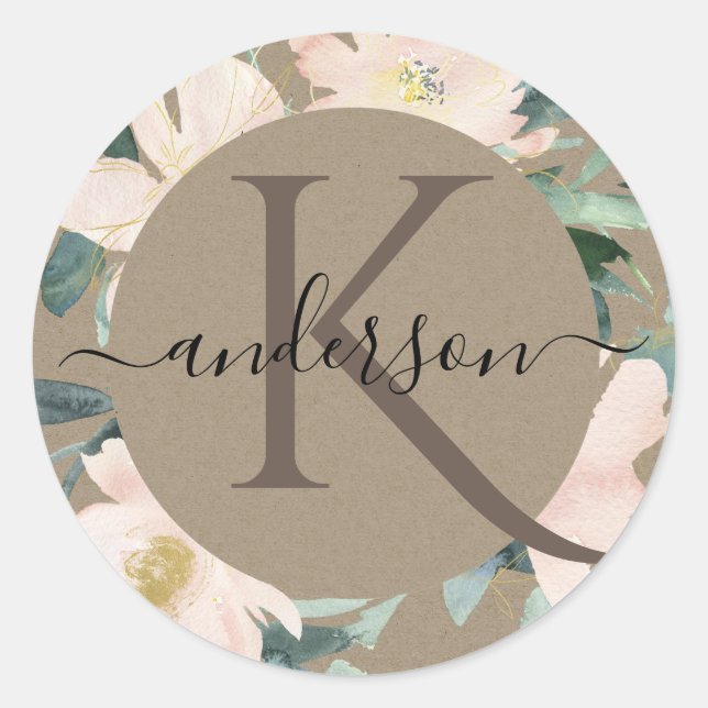 Adesivo Redondo FLORAL HEMISFÉRIO EM Aquarela MONOGRAMA EM Dourado (Frente)