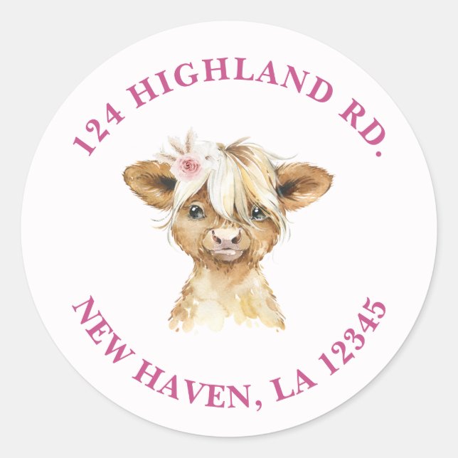 Adesivo Redondo Floral Highland Cow Address (Frente)