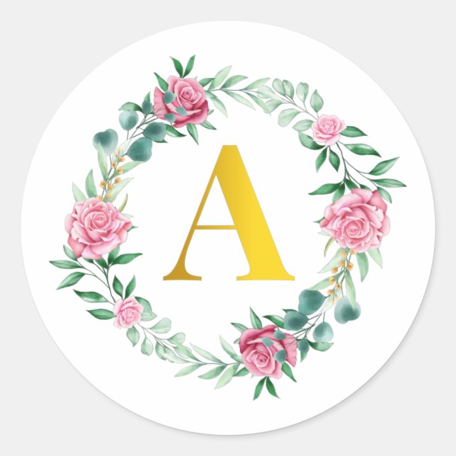 Adesivo Redondo Floral inicial Wreath Monogramas letra A Stickers (Frente)