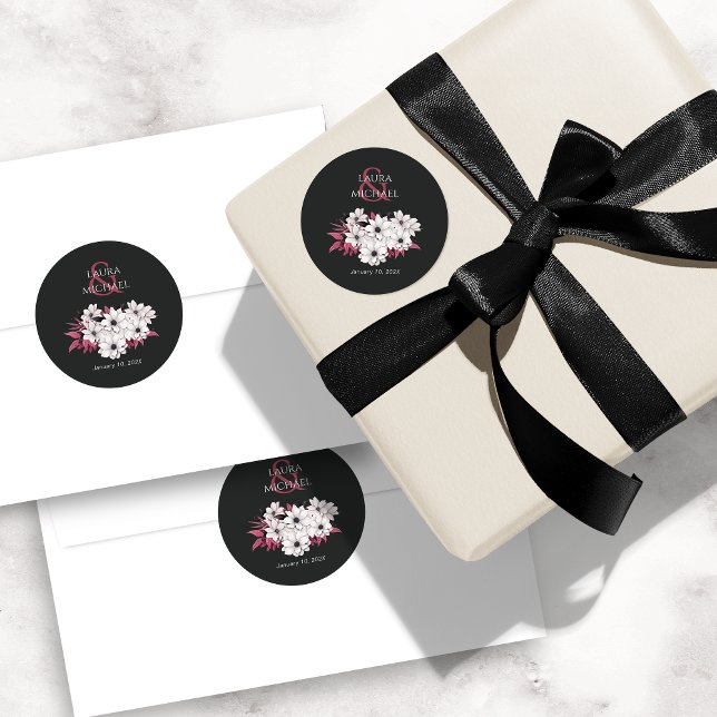 Adesivo Redondo Floral Magenta Preto Elegante (Criador carregado)