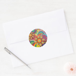 Adesivo Redondo Floral Mandala Collage Psicedélico