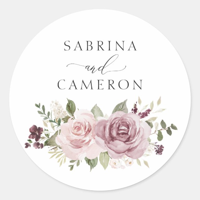 Adesivo Redondo Floral Mauve Blush Elegante Envelope Casamento Sea (Frente)
