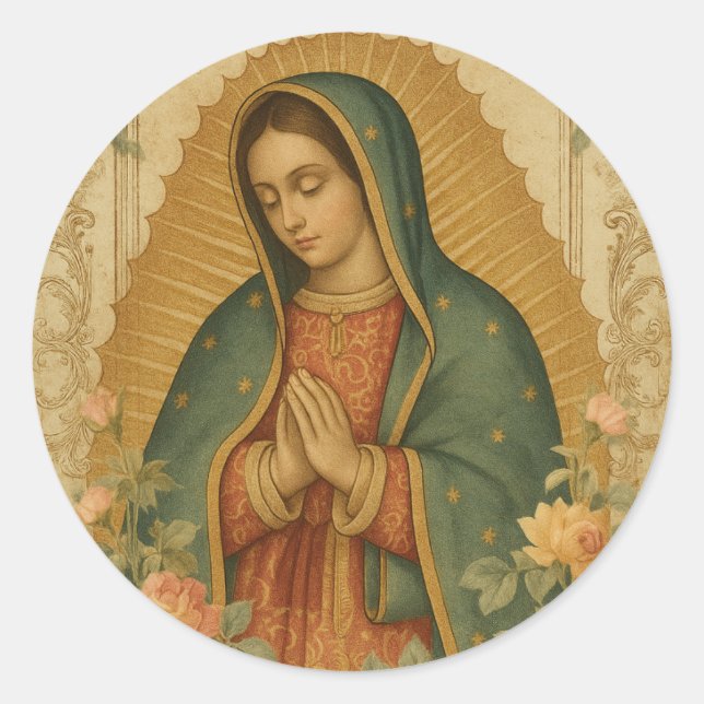 Adesivo Redondo Floral Mexican Mary Guadalupe Religious (Frente)