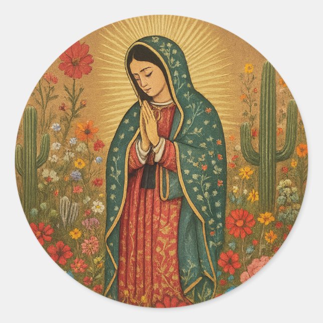 Adesivo Redondo Floral Mexicana Mary Guadalupe Religiosa (Frente)