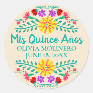 Adesivo Redondo Floral Mis Quince Anos Champagne Mexicano Fiesta