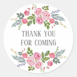 Adesivo Redondo Floral Obrigado por vir. Chá de fraldas rosa rosa 