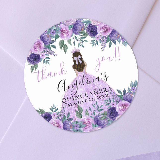 Adesivo Redondo Floral Obrigado Purple Quinceanera (Floral Thank You Purple Quinceanera Classic Round Sticker)