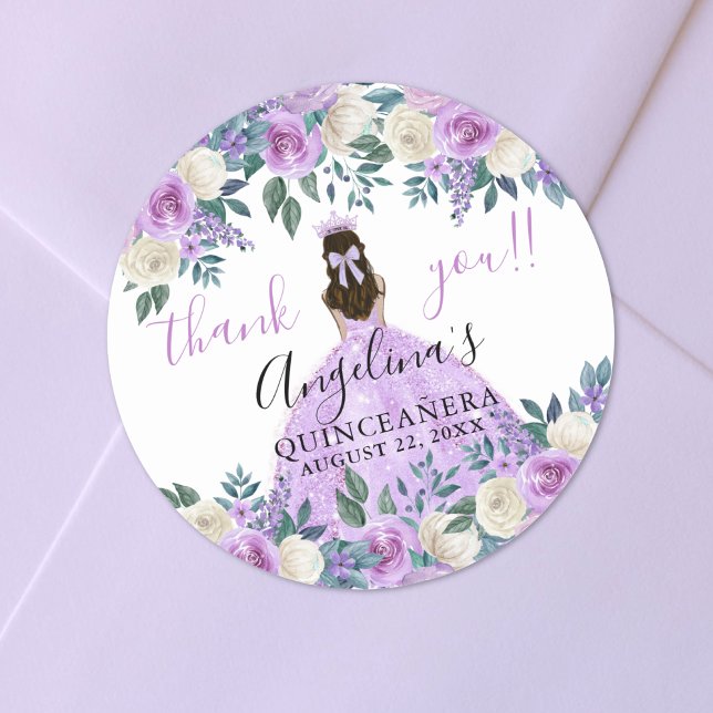 Adesivo Redondo Floral Obrigado Purple Quinceanera (Floral Thank You Purple Quinceanera Classic Round Sticker)