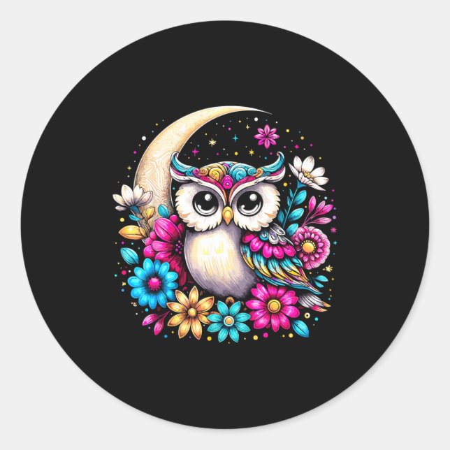 Adesivo Redondo Floral Owl And Moon  (Frente)