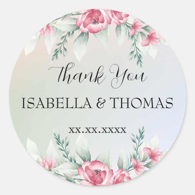 Adesivo Redondo Floral pastel elegante Obrigado Festa de casamento (Frente)