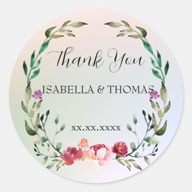 Adesivo Redondo Floral pastel elegante Obrigado Festa de casamento (Frente)