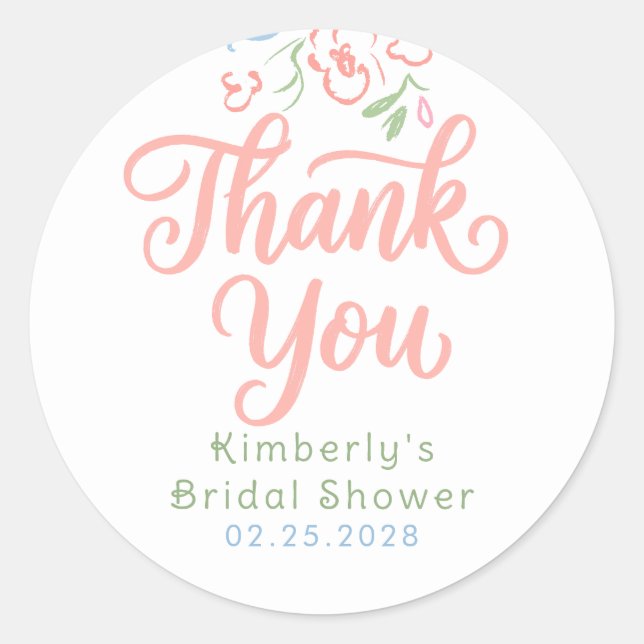 Adesivo Redondo Floral Pastel Whimsical Bridal Shower Thank You  (Frente)
