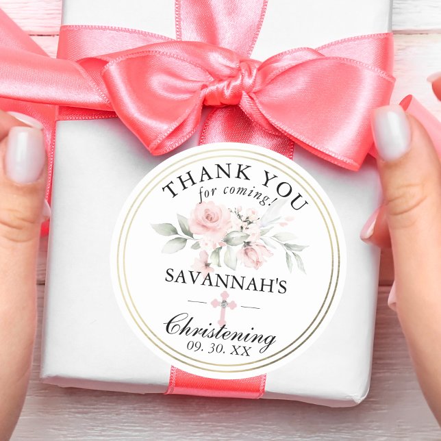 Adesivo Redondo Floral Pink Girl Christening Obrigado (Floral Pink Girl Christening / Baptism Thank You Classic Round Sticker for gifts, favors, bags, etc.)