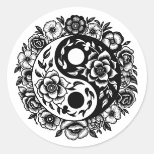 Adesivo Redondo Floral preto e branco Yin Yang