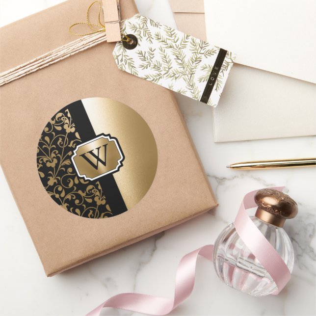 Adesivo Redondo Floral Preto e Ouro (Presentear)