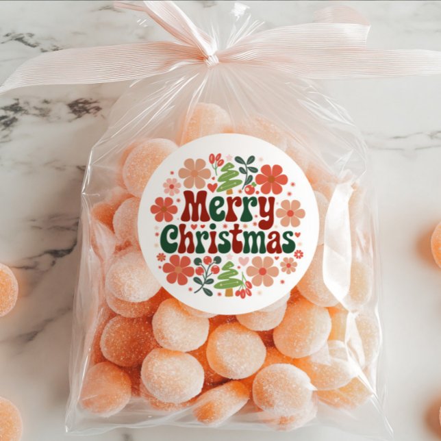 Adesivo Redondo Floral Red and Green Merry Christmas Envelope Seal (Criador carregado)