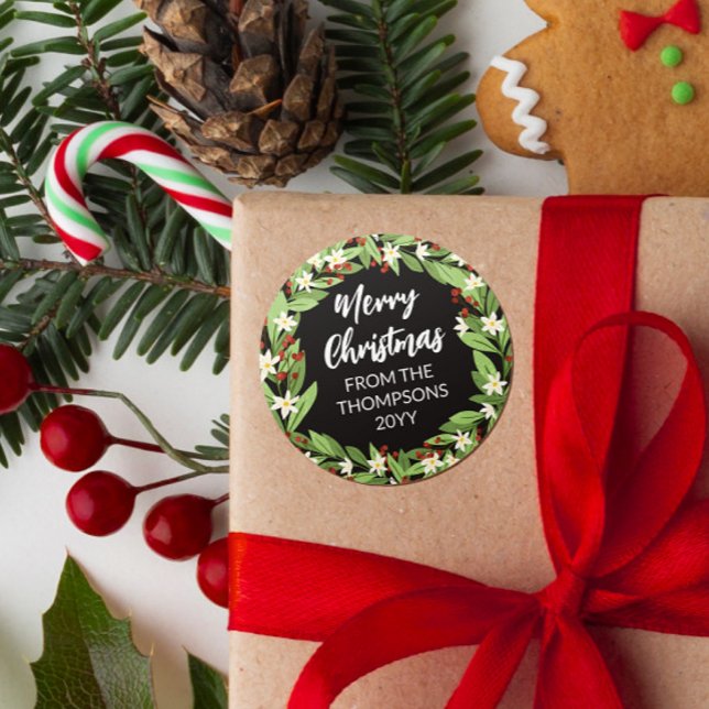 Adesivo Redondo Floral Red Berry Greenery Wreath Feliz Natal (Criador carregado)
