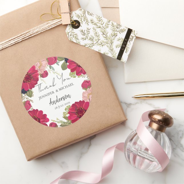 Adesivo Redondo Floral Red Green Wedding Thank You (Presentear)
