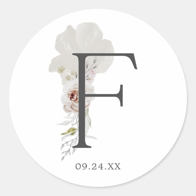 Adesivo Redondo Floral Romance - Letra F Monograma Envelope Selos (Frente)