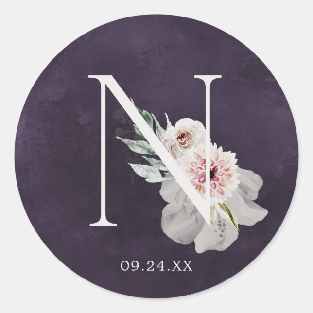 Adesivo Redondo Floral Romance - Letra N Monograma Plum Weding Sea (Frente)