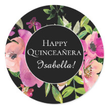 Floral Rosa Folhas Verdes Feliz Quinceañera Preta