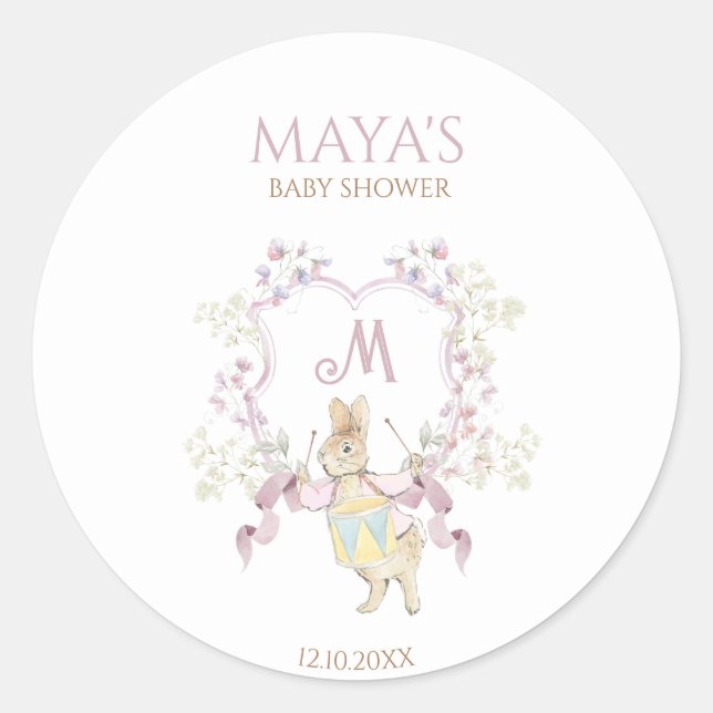Adesivo Redondo Floral rosa Peter o Chá de fraldas do Monograma do (Frente)
