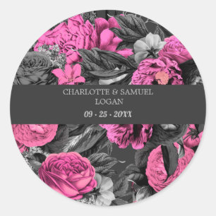Adesivo Redondo Floral Rosa Preto   Casamento Floral Chic Moderno
