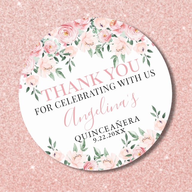 Adesivo Redondo Floral Rosa Quinze Anos (Floral Pink Quinceañera Birthday Thank You Classic Round Sticker)