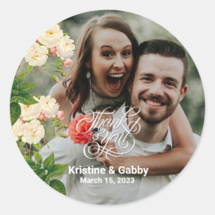 Adesivo Redondo Floral Rosa Vintage Obrigado Clássico De Caligrafi