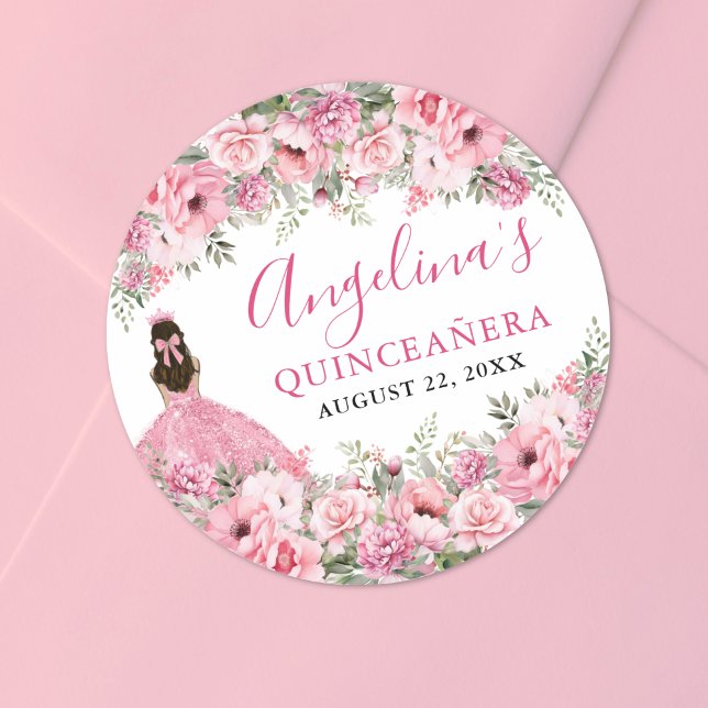 Adesivo Redondo Floral Rose Pink Quinceanera (Floral Rose Pink Quinceanera Classic Round Sticker)