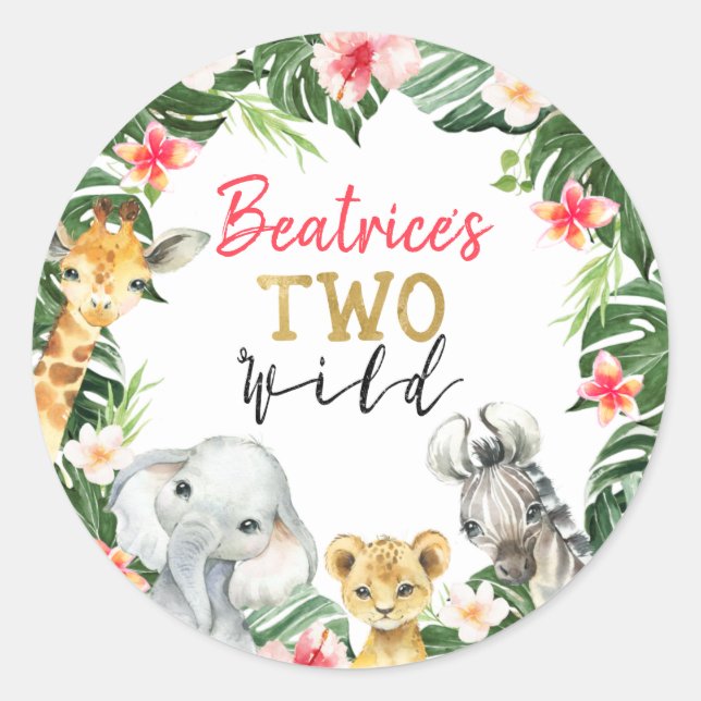 Adesivo Redondo Floral Safari Dois Vinheta de Aniversário Selvagem (Frente)