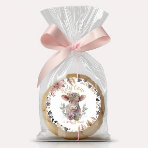 Adesivo Redondo Floral Santa Vaca Primeiro Aniversário Favor Stick