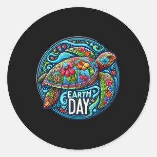 Adesivo Redondo Floral Sea Turtle Earth Day Planet Art Animal Love