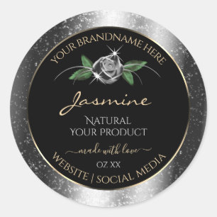Adesivo Redondo Floral Silver Black Product Labels Glitter