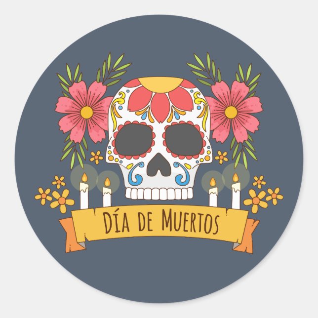 Adesivo Redondo Floral Skull Dia de los Muertos | Vinheta (Frente)
