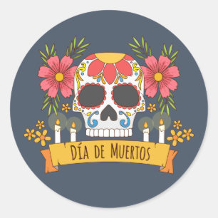 Adesivo Redondo Floral Skull Dia de los Muertos   Vinheta
