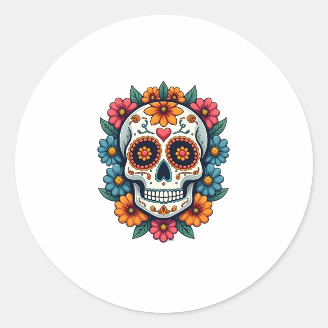 Adesivo Redondo Floral Sugar Skull Dia De Muertos Day of The Dead  (Frente)