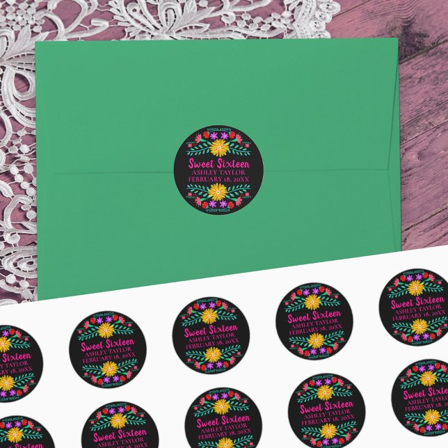 Adesivo Redondo Floral Sweet Sessenta Pretos Rosa Fiesta Mexicana (Sweet Sixteen stickers from my Mexican Fiesta Floral collection
)
