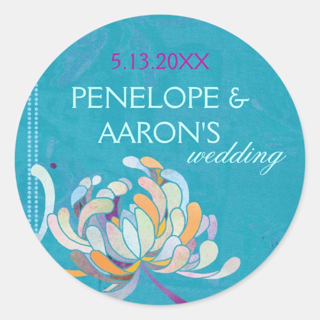 Adesivo Redondo Floral Turquoise Wedding Salvar Data (Frente)
