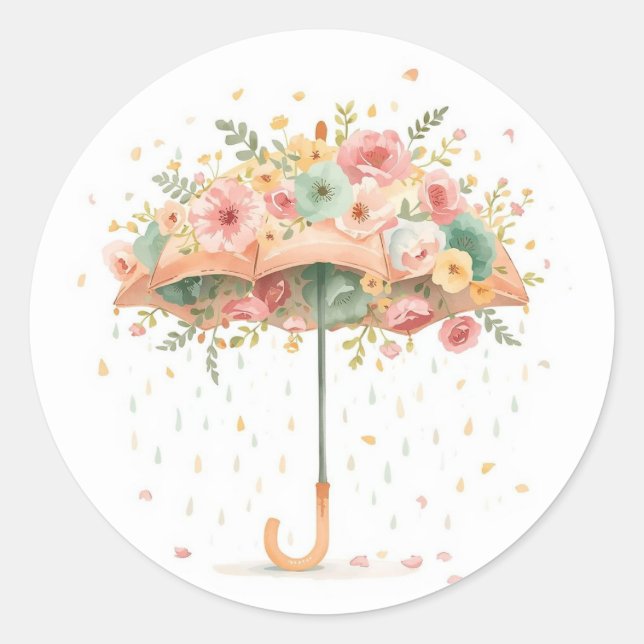 Adesivo Redondo Floral Umbrella Baby Sprinkle Favor Sticker (Frente)