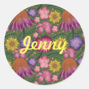 Adesivo Redondo Floral Verde de Flor Selvagem Personalizado